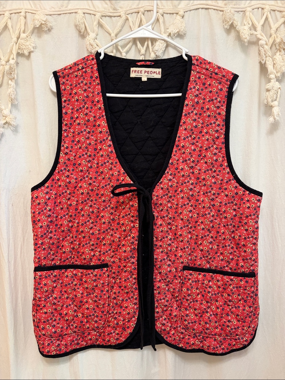 Free People Red Floral Quilted Tie-Front Vest